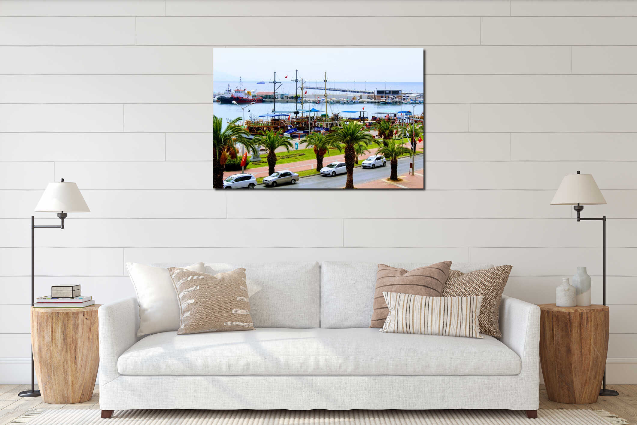 Sailing ships for sea excursions in the city harbor Antalya, Turkey interior mockup