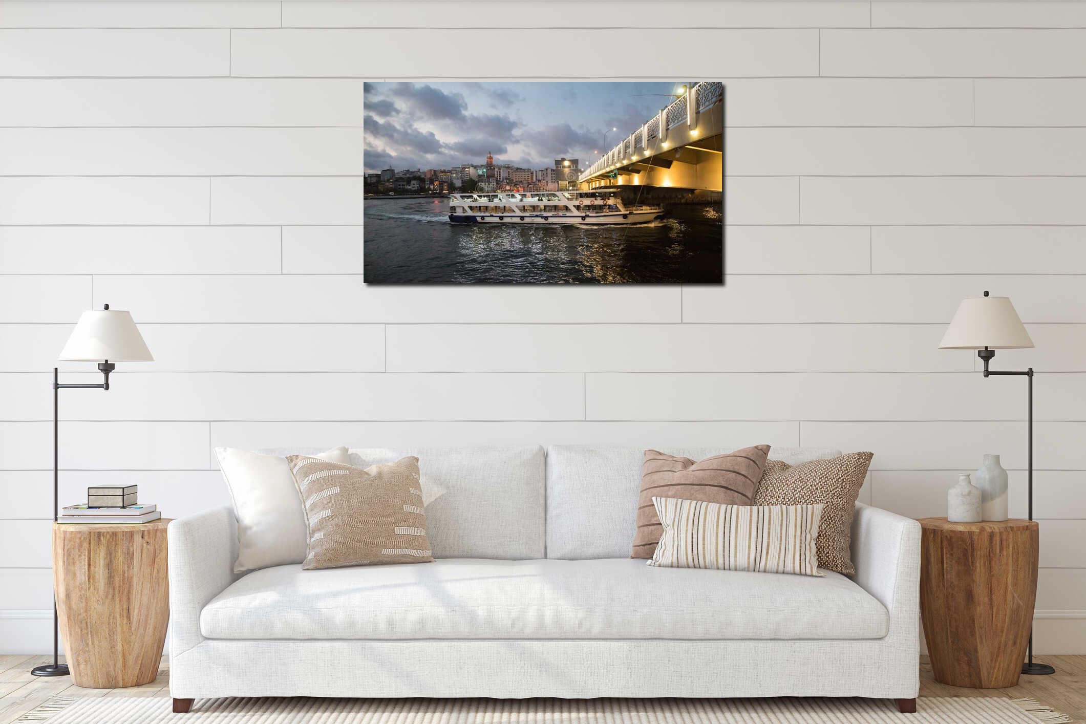 Ferry passing under the Galata bridge at night. Golden Horn. Turkey, Istanbul. interior mockup
