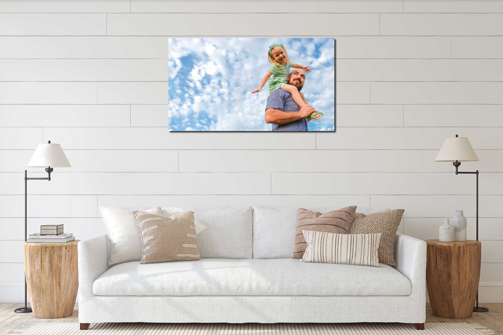 Adorable father daughter portrait, happy family, father`s day interior mockup
