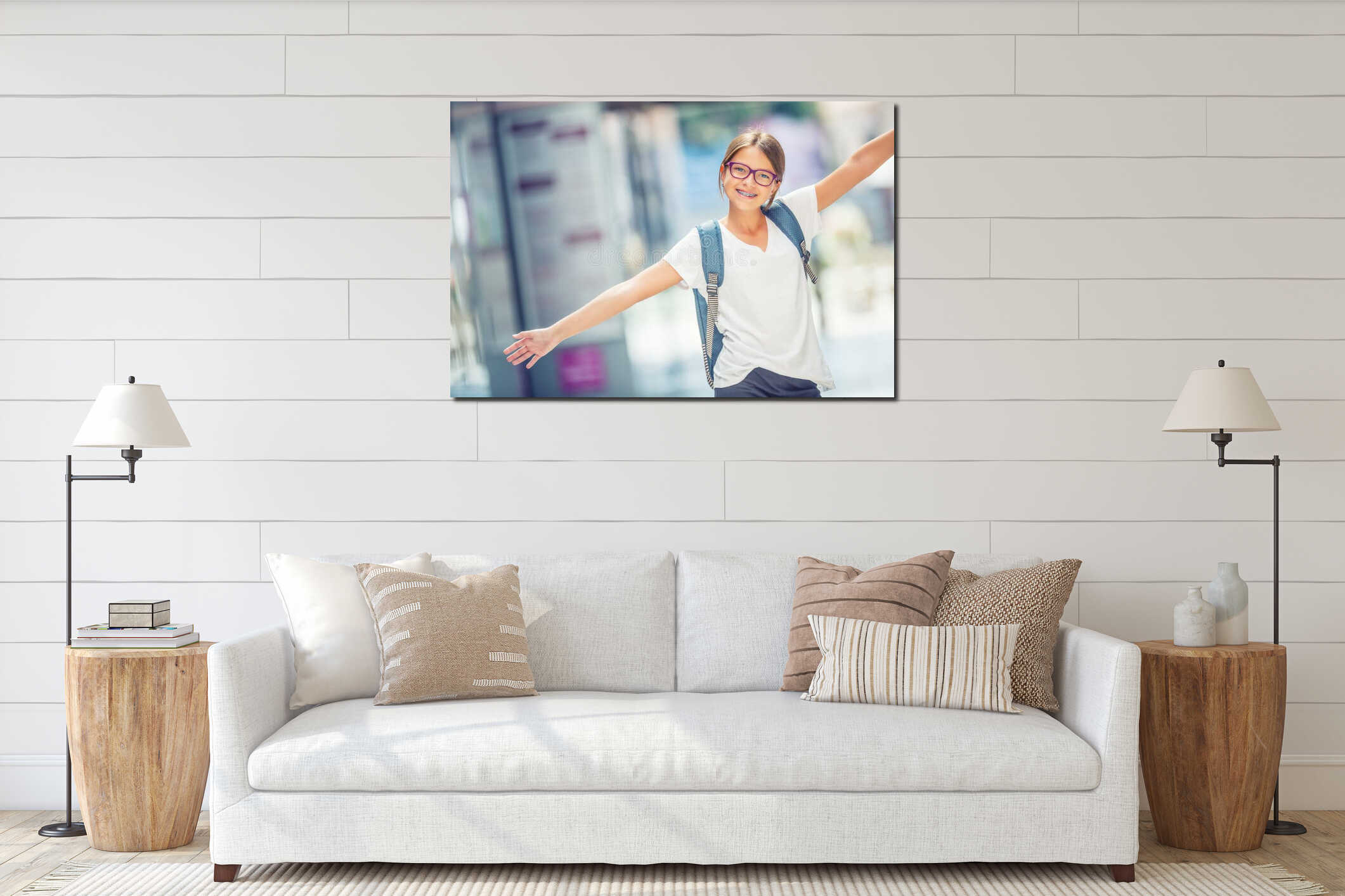 Schoolgirl with bag, backpack. Portrait of modern happy teen school girl with bag backpack. Girl with dental braces and glasses interior mockup