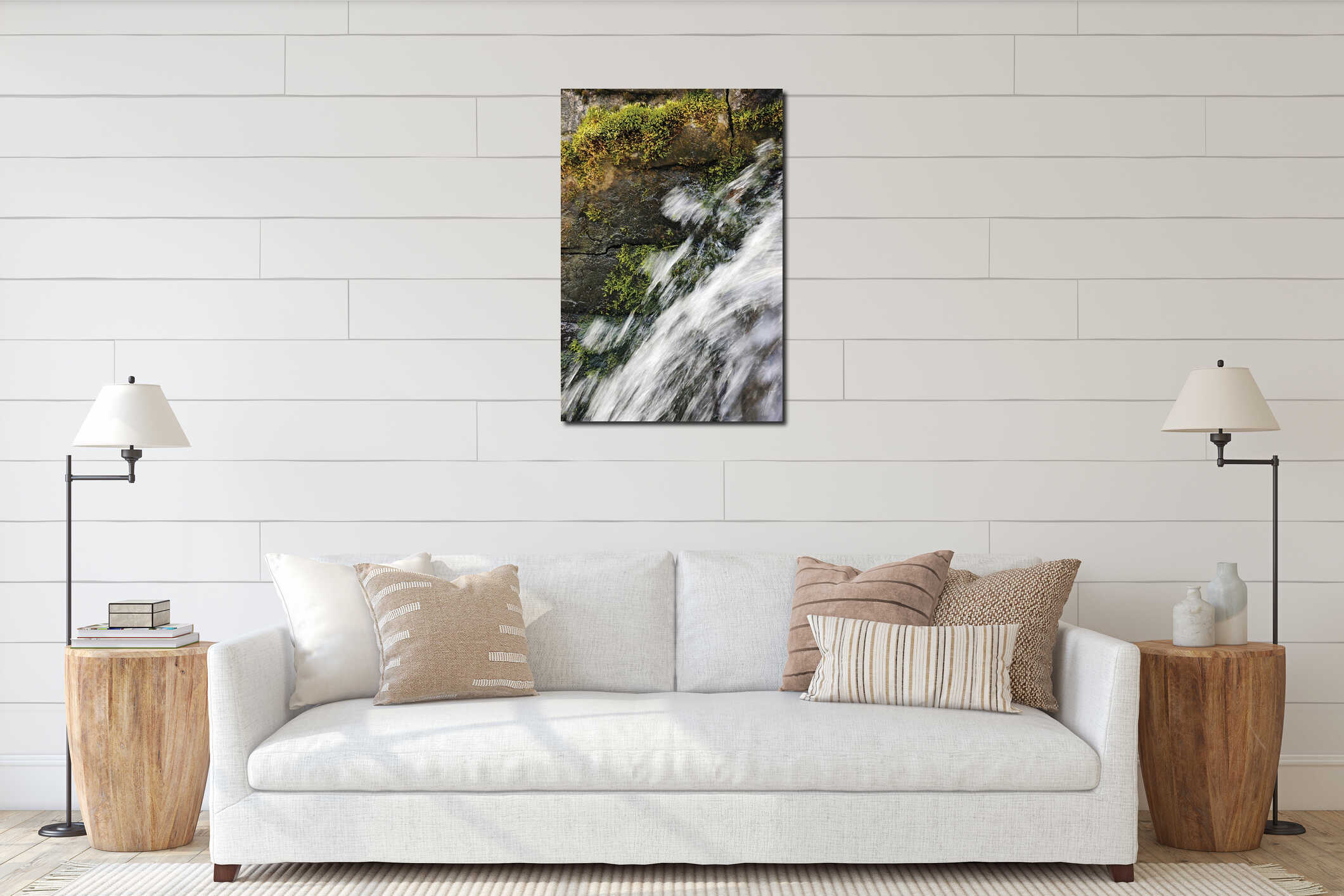 Running water cascade waterfall streaming splashes, decorative granite stonewall background, green moss, grey rock stone wall interior mockup