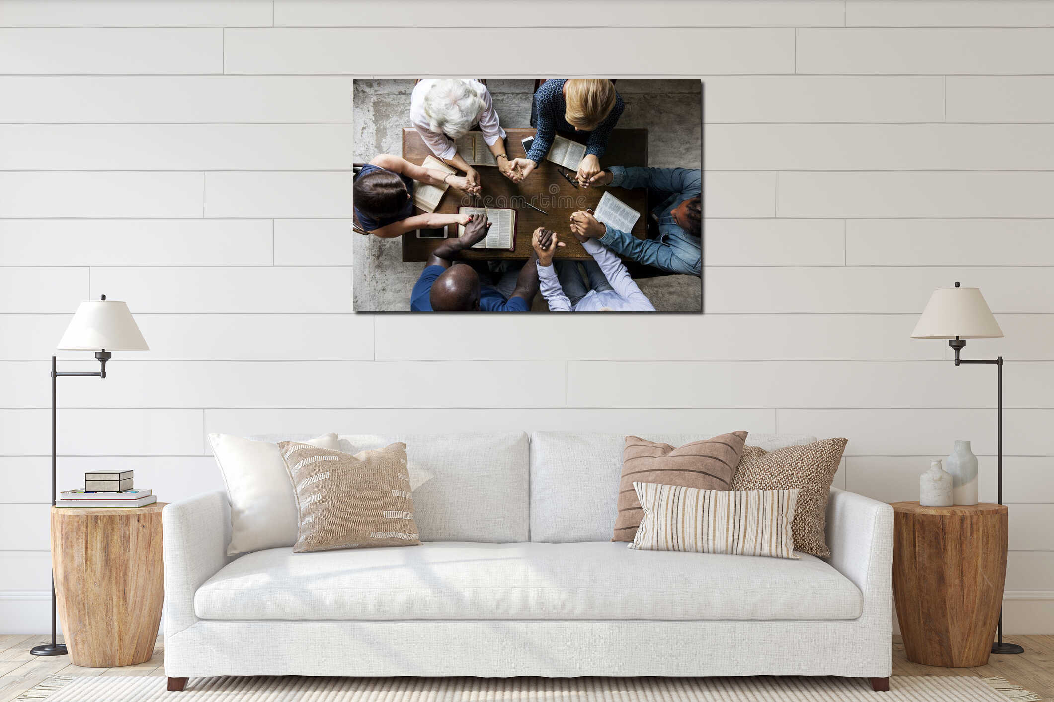 Group of people holding hands praying worship believe interior mockup