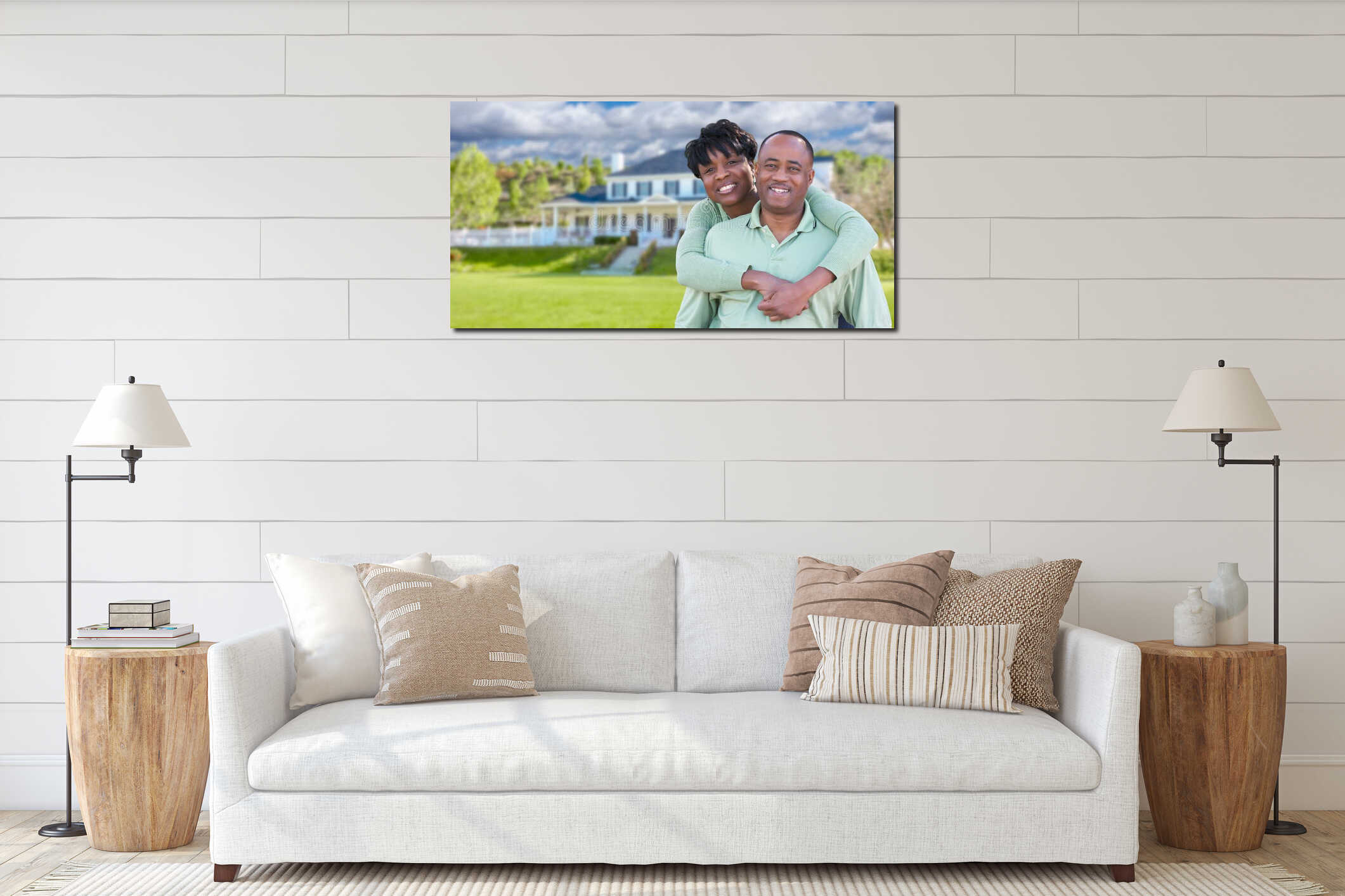 Happy African American Couple In Front of Beautiful House. interior mockup
