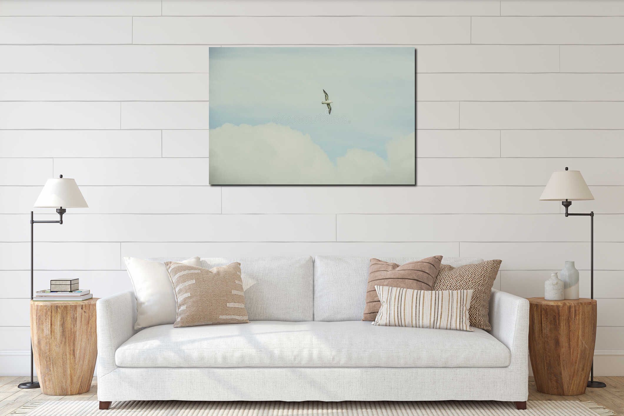 Seagull flying in the blue sky in Dyrholaey, Iceland interior mockup