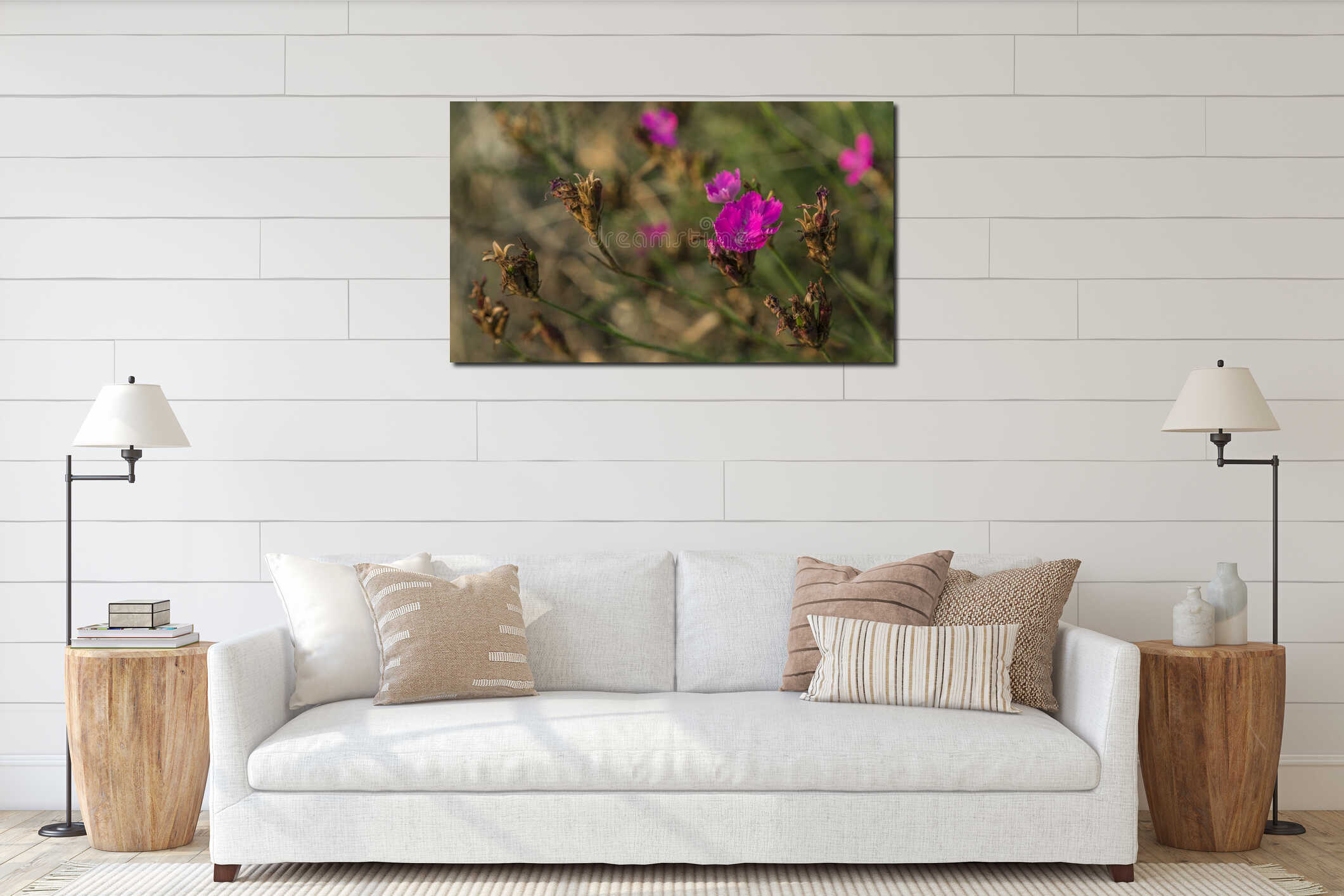 Violet pink flowers in green grass interior mockup
