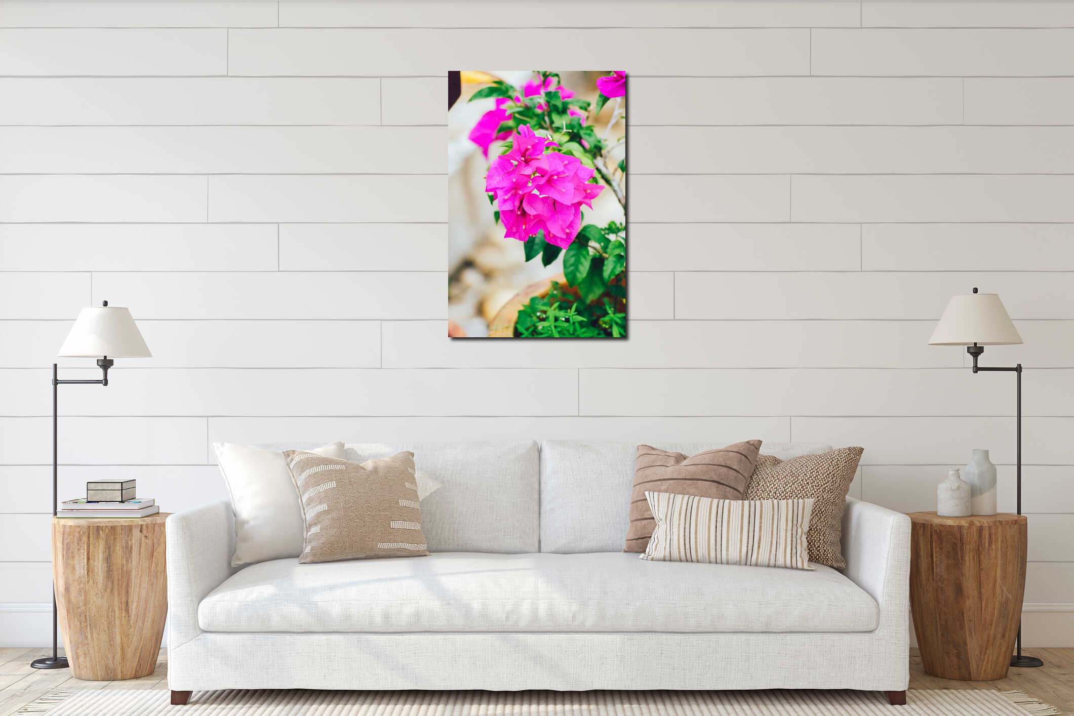 Beautiful pink flowers in the garden, floral background spring and summer concept. Soft focus of Pink Bougainvillea glabra Choisy interior mockup