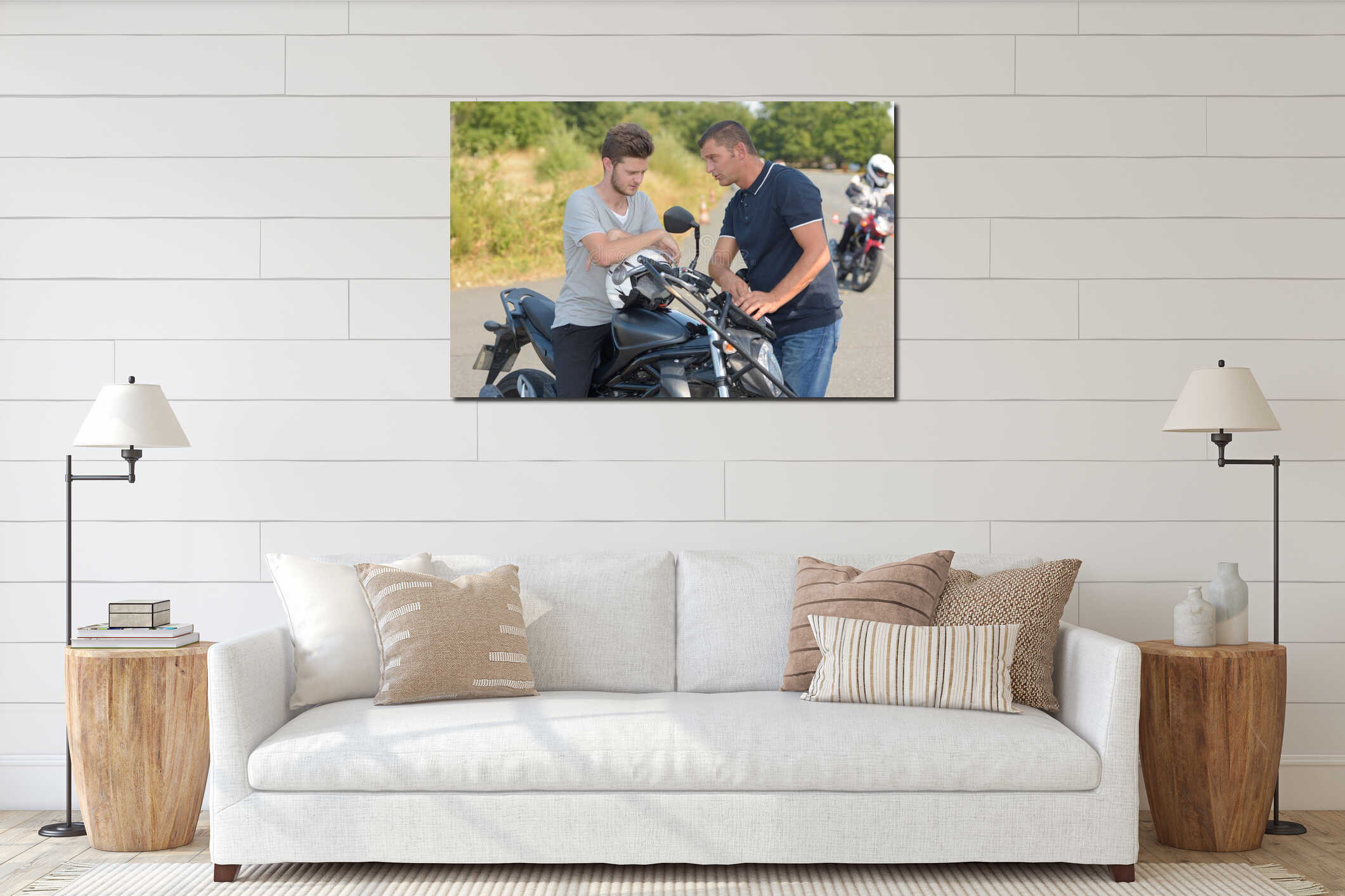 Driving instructor advising young man driving motorbike interior mockup