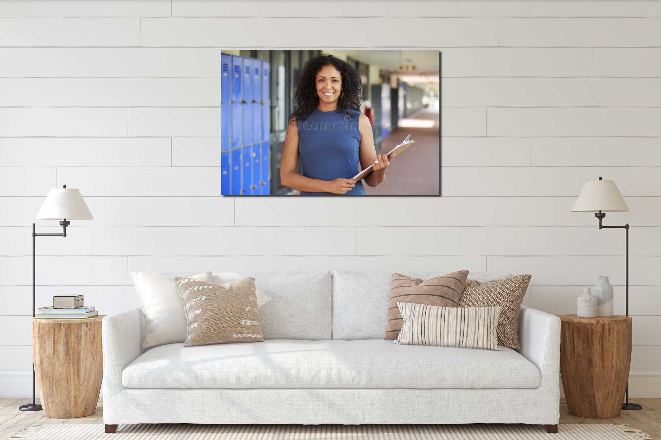 Middle aged black female teacher smiling in school corridor interior mockup